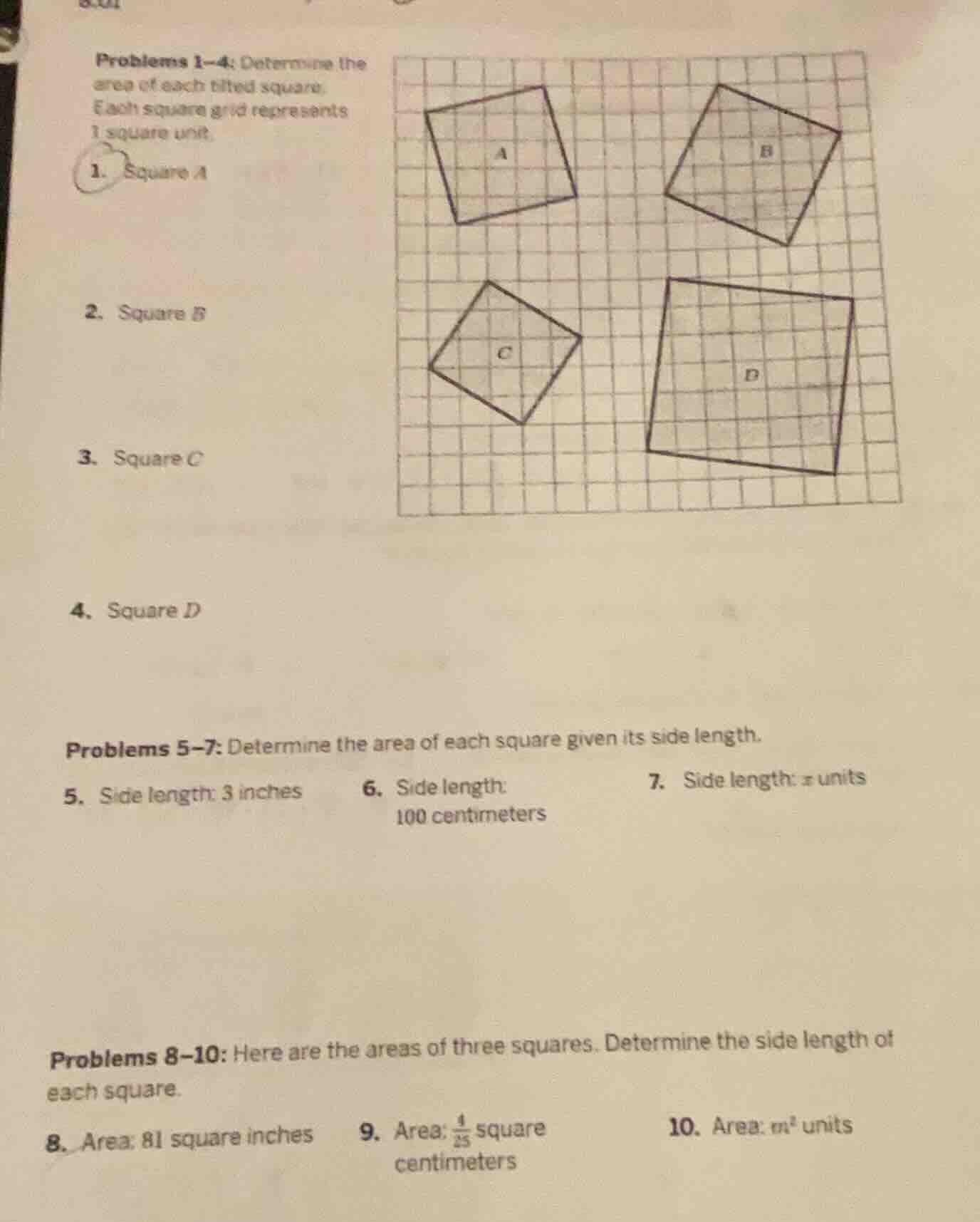 problems 1–4: determine the area of each tilted square. each square gri…