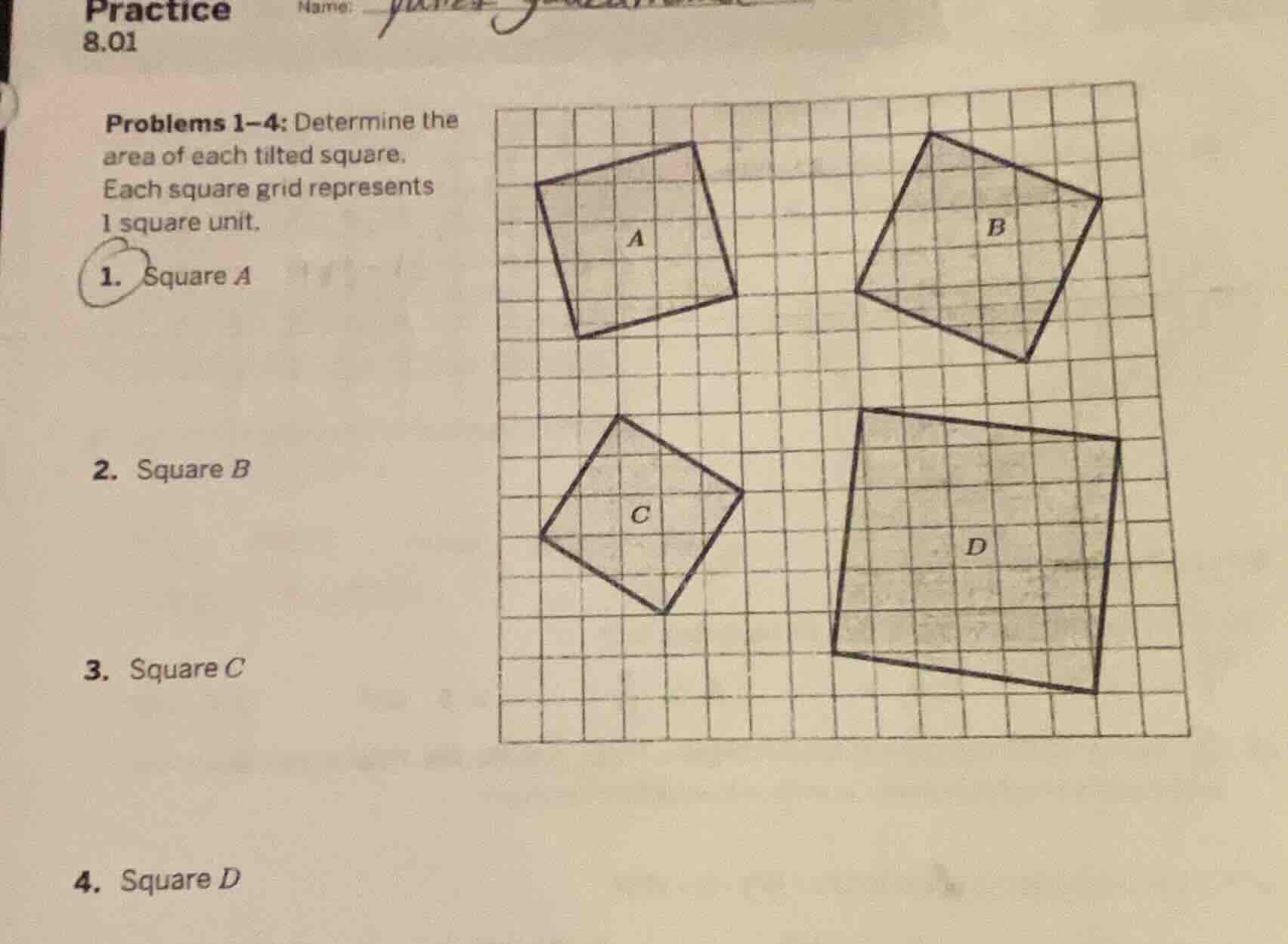 practice 8.01 problems 1–4: determine the area of each tilted square. e…