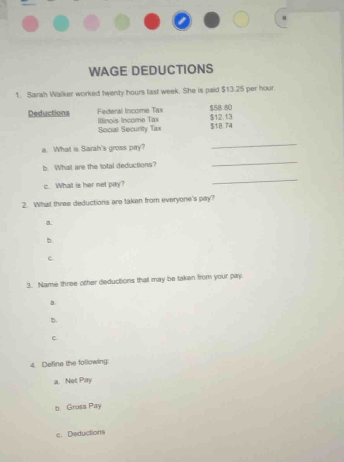 wage deductions 1. sarah walker worked twenty hours last week. she is p…