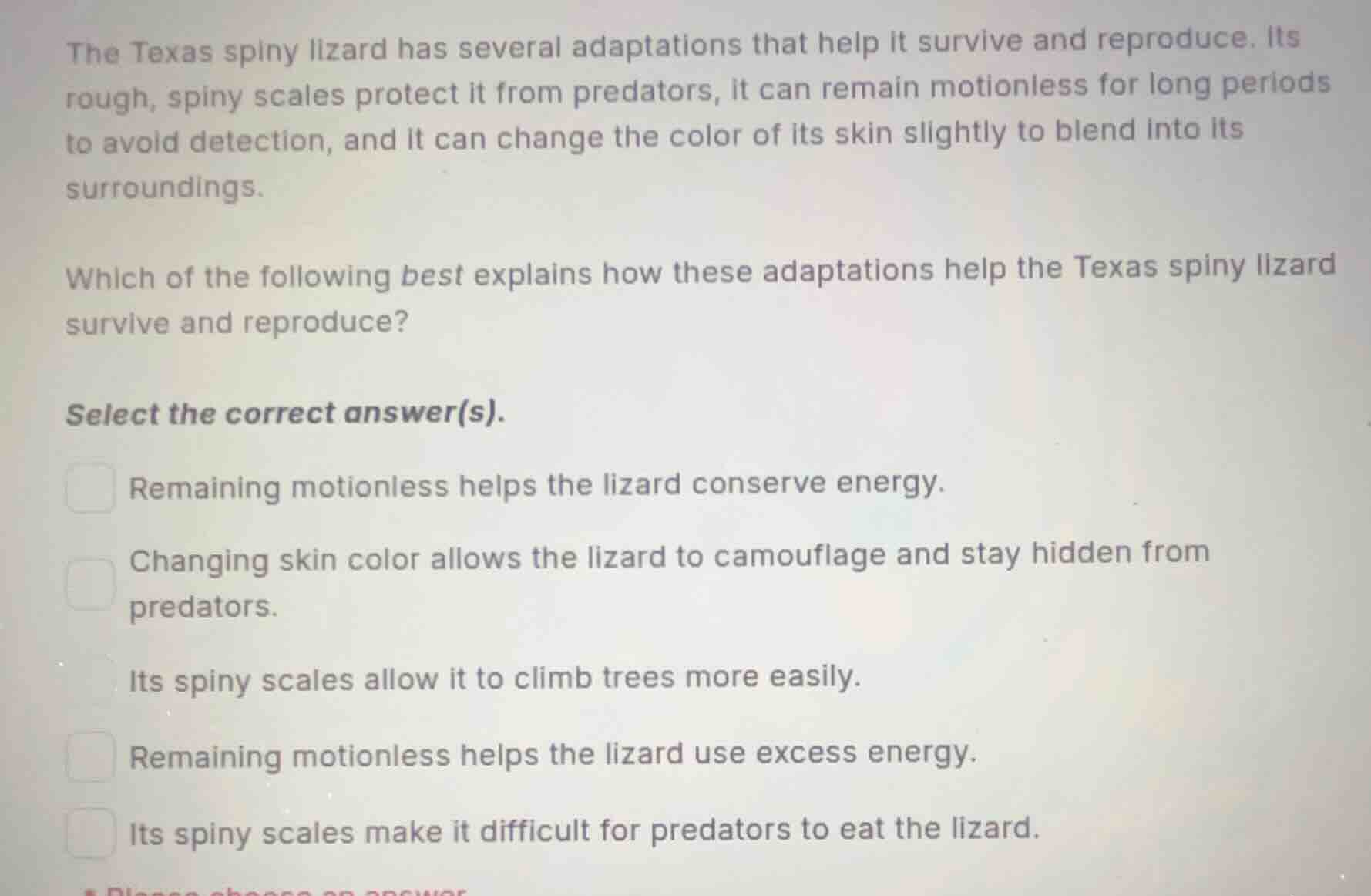 the texas spiny lizard has several adaptations that help it survive and…