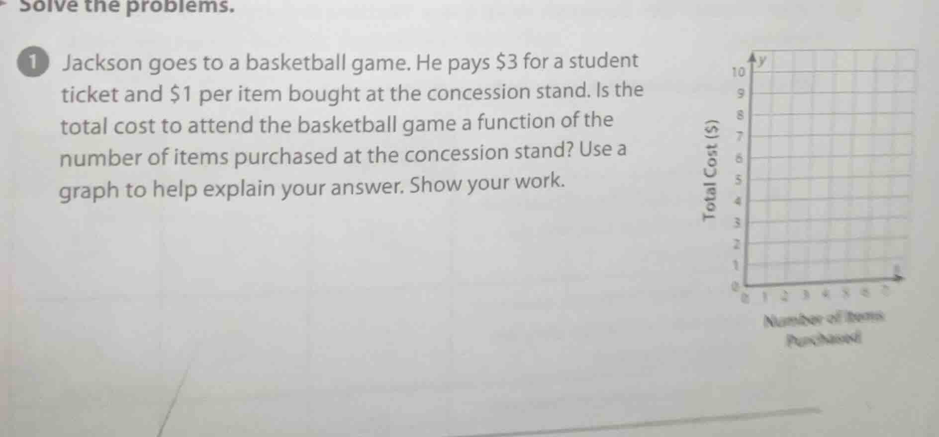 solve the problems. 1 jackson goes to a basketball game. he pays $3 for…