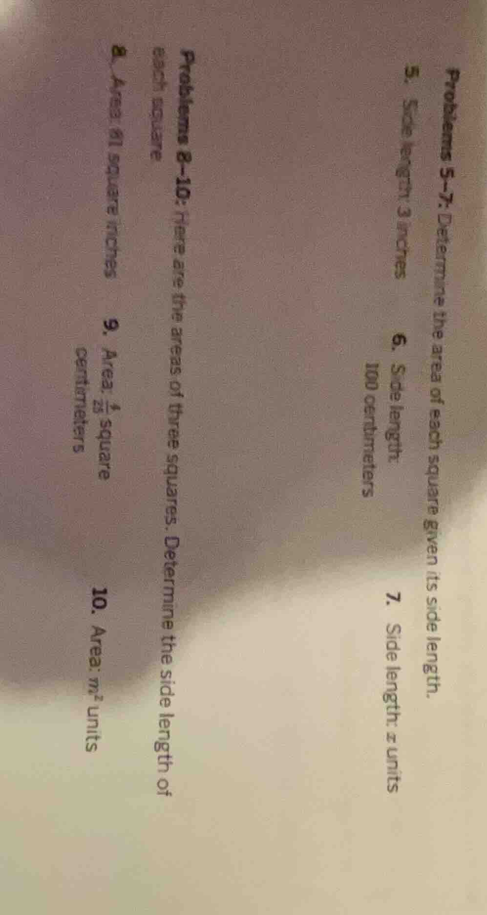 problems 5–7: determine the area of each square given its side length. …