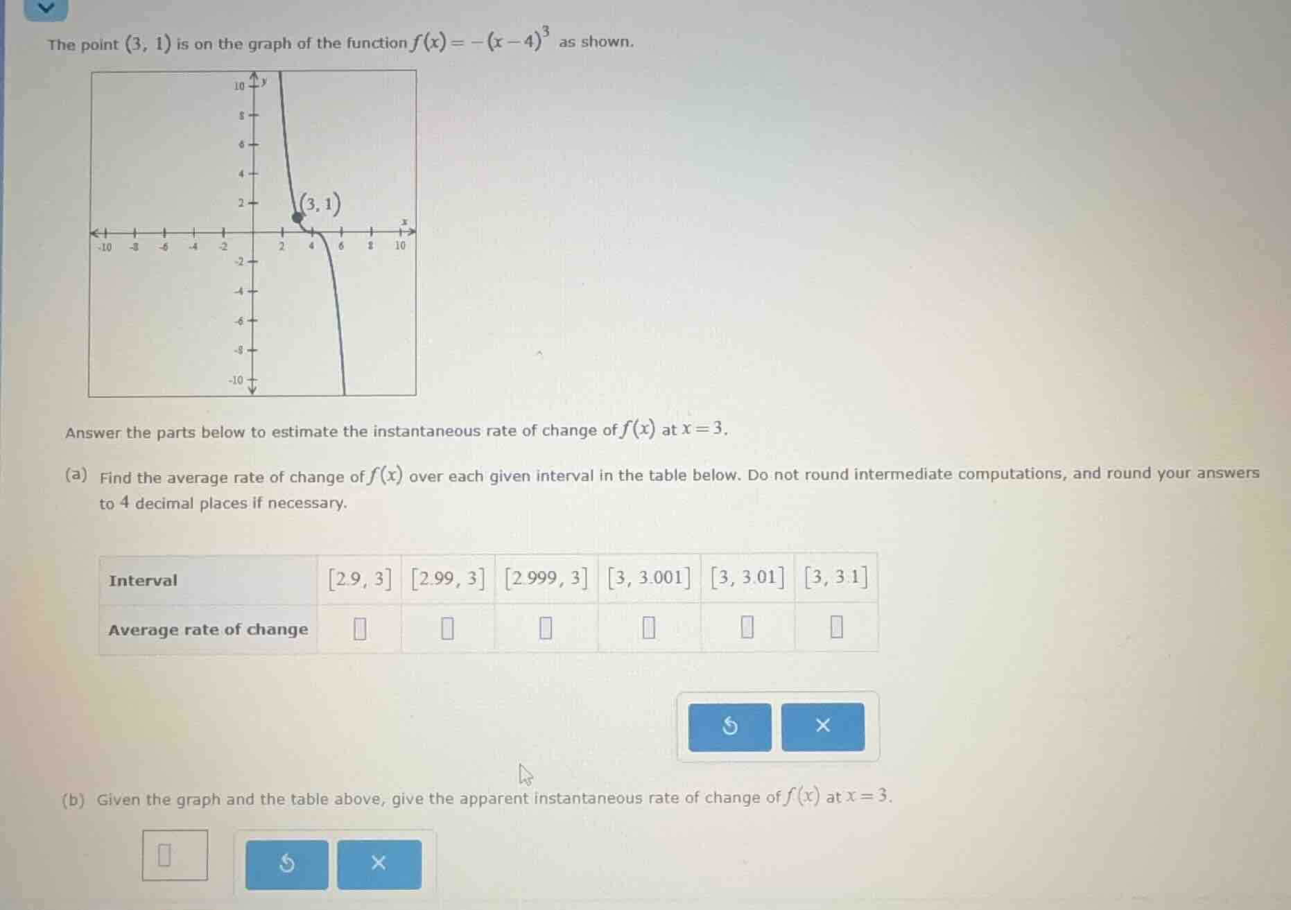 the point (3, 1) is on the graph of the function $f(x) = -(x - 4)^3$ as…