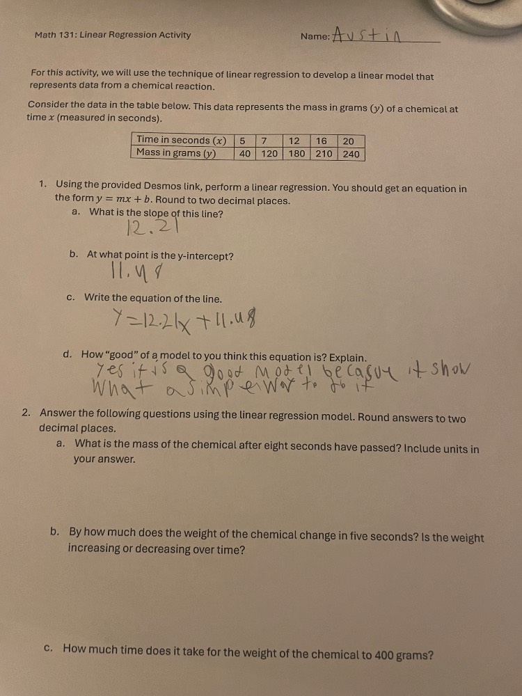 math 131: linear regression activity name:austin for this activity, we …