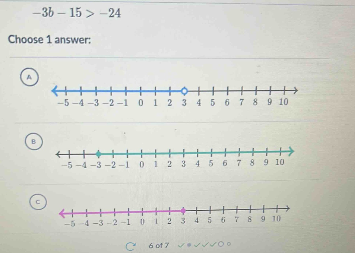 -3b - 15 > -24 choose 1 answer: a <--(with a blue line from -5 to an op…
