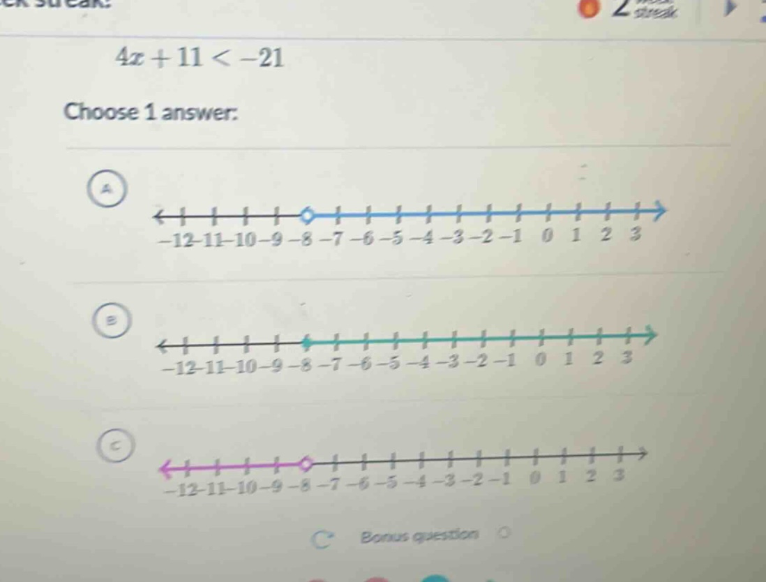4x + 11 < -21 choose 1 answer: a <---|---|---|---|---|---o---|---|---|-…