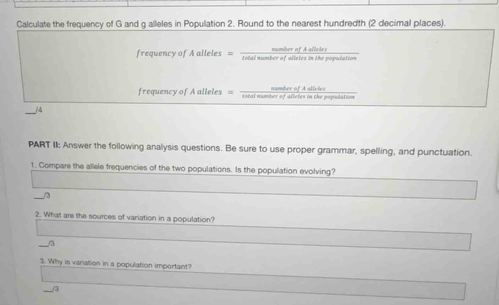 calculate the frequency of g and g alleles in population 2. round to th…