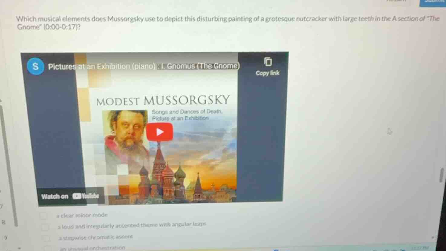 which musical elements does mussorgsky use to depict this disturbing pa…