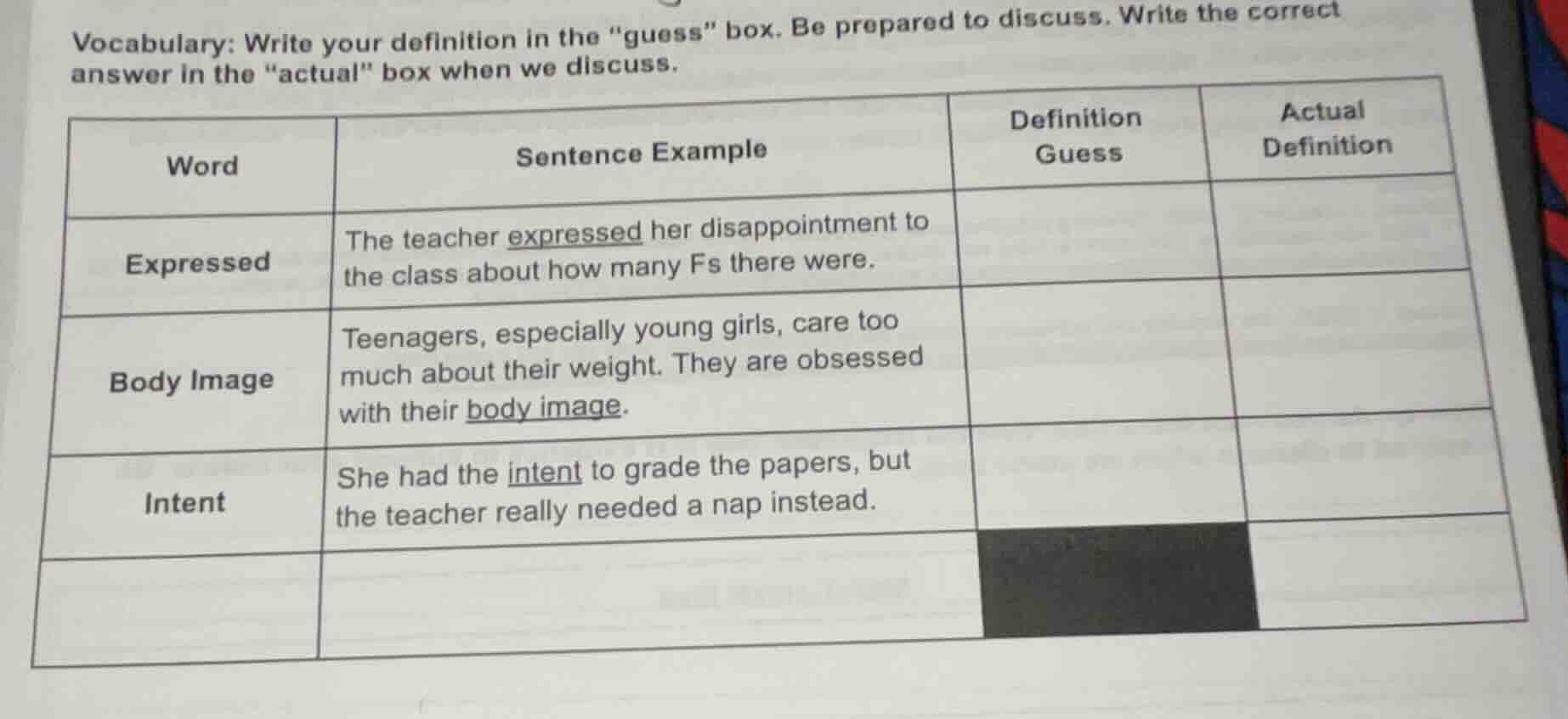 vocabulary: write your definition in the \guess\ box. be prepared to di…