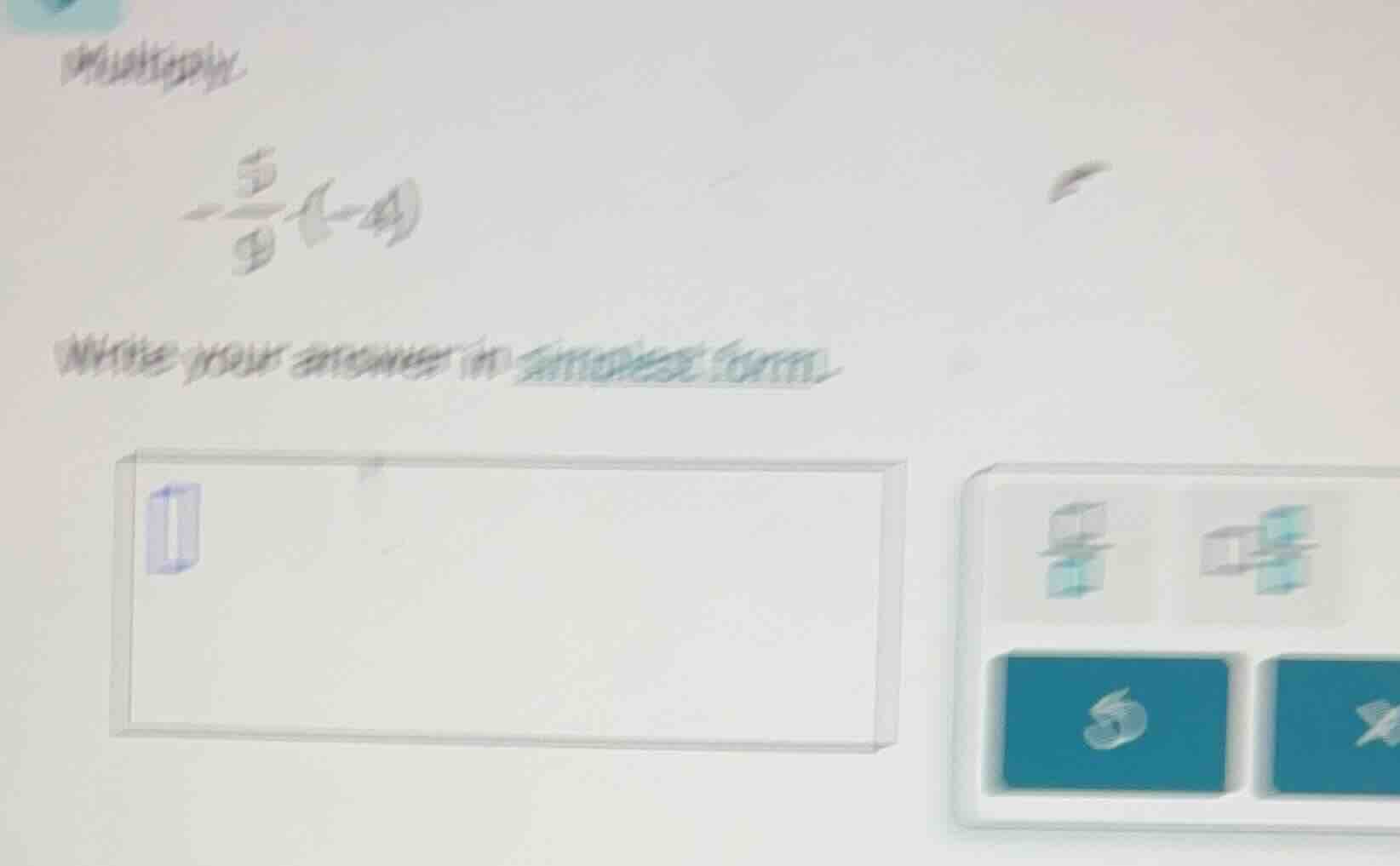 multiply. $-dfrac{5}{9}(-4)$ write your answer in simplest form.