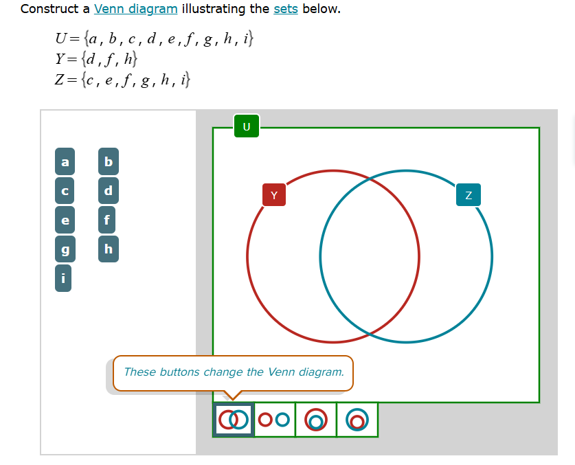 construct a venn diagram illustrating the sets below. u = {a, b, c, d, …