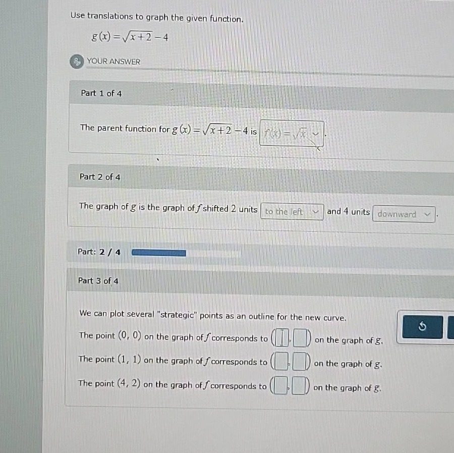 use translations to graph the given function. $g(x)=\\sqrt{x + 2}-4$ yo…