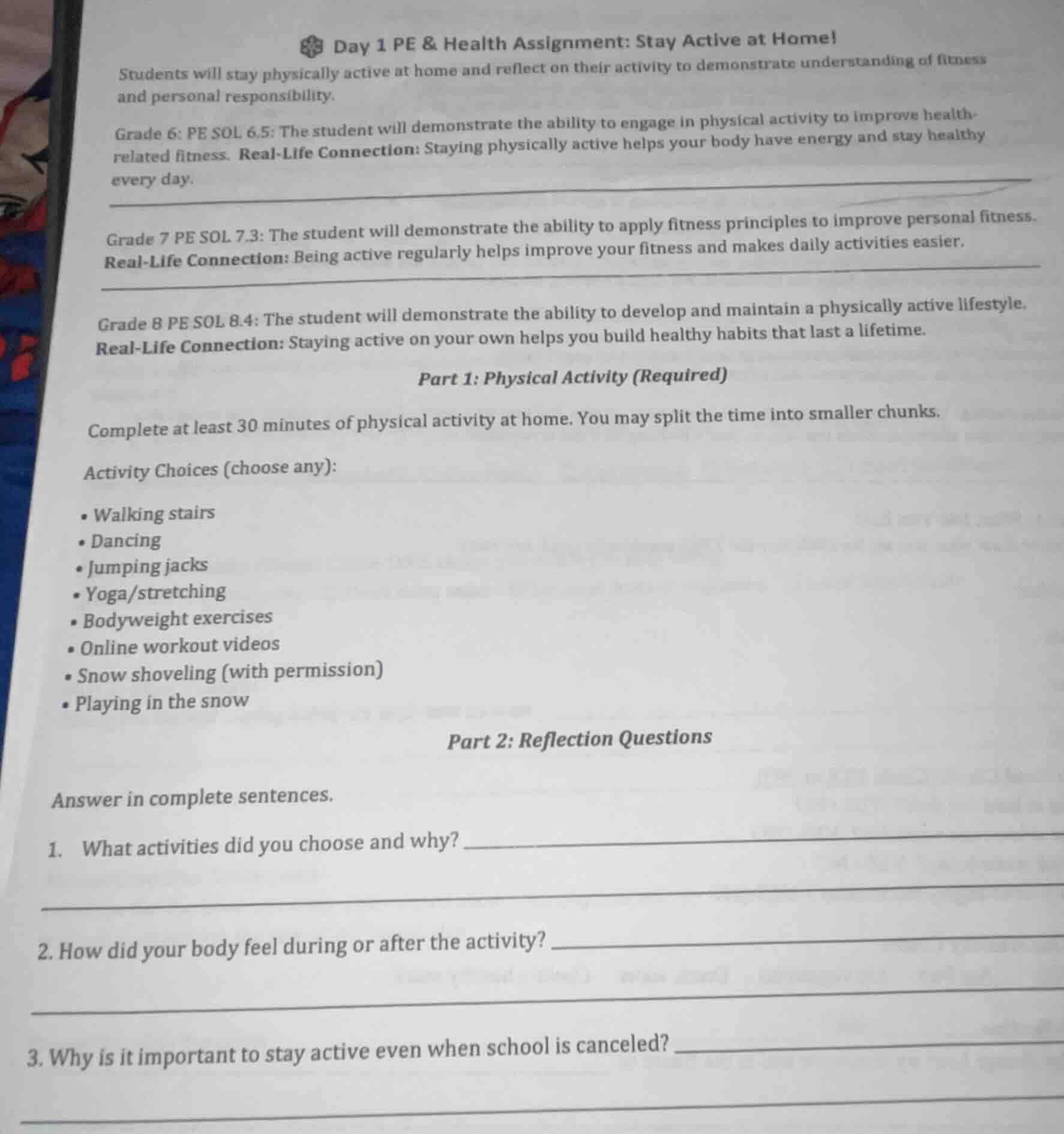 day 1 pe & health assignment: stay active at home! students will stay p…