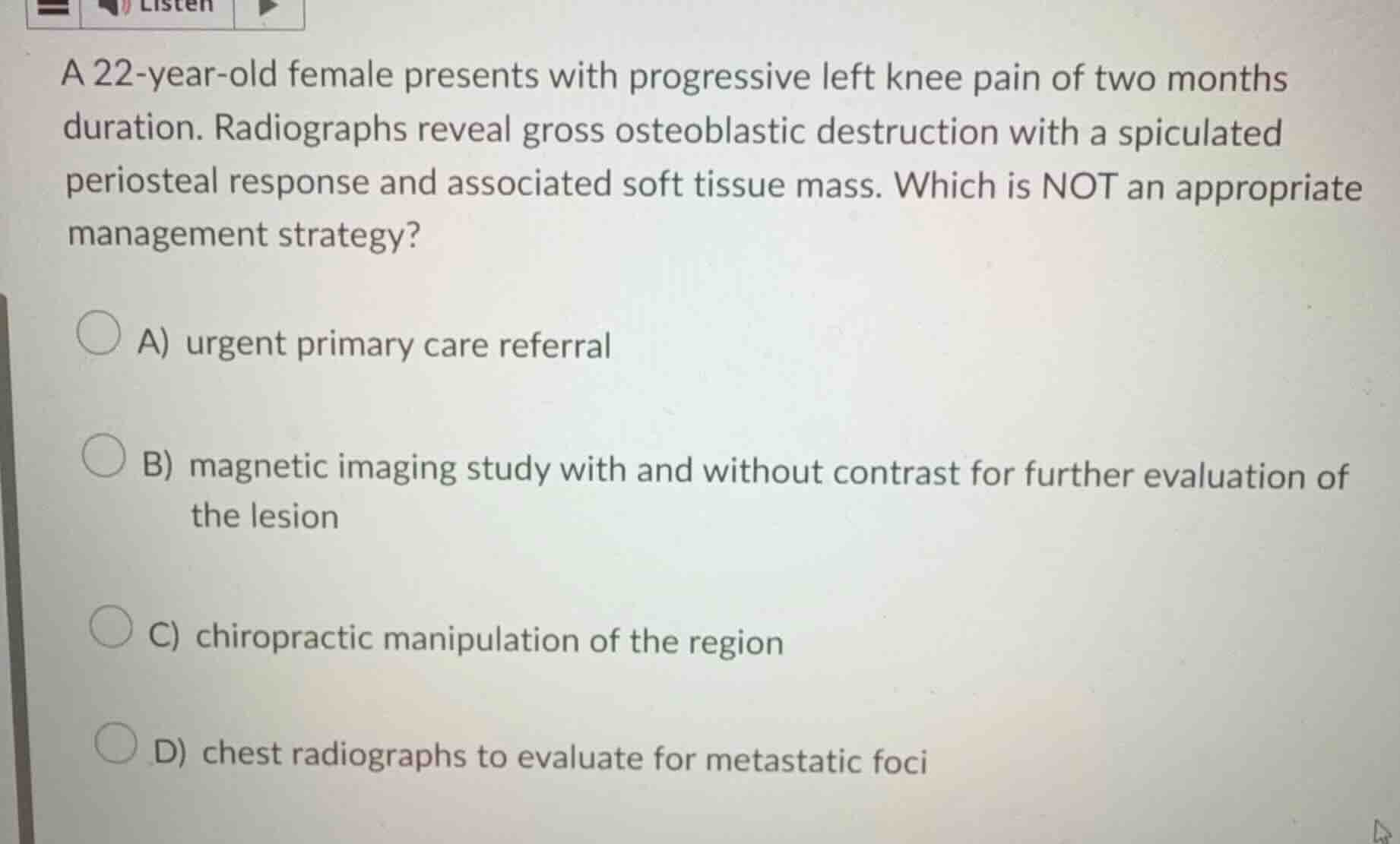 a 22-year-old female presents with progressive left knee pain of two mo…