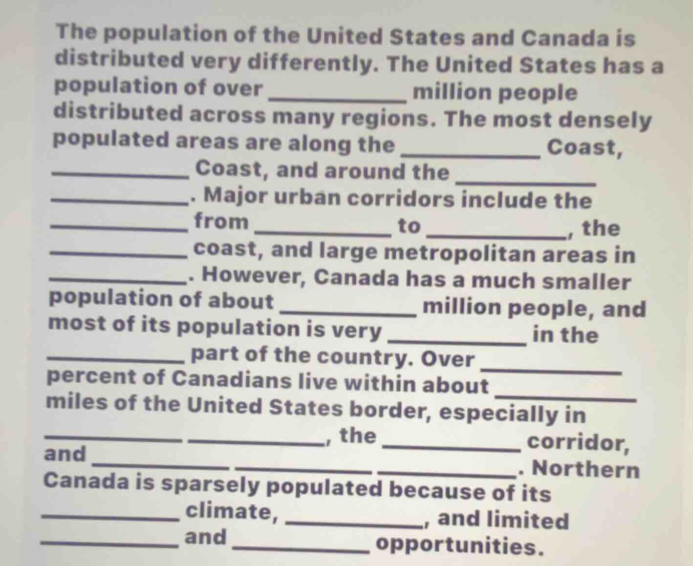 the population of the united states and canada is distributed very diff…