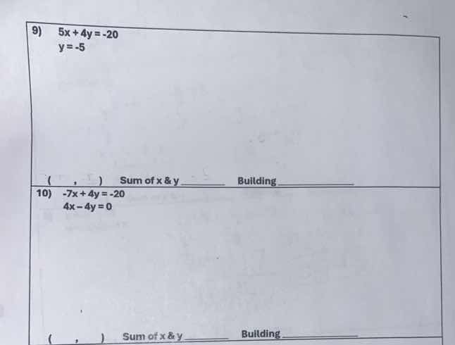 9) \\( 5x + 4y = -20 \\) \\( y = -5 \\) \\( (\\quad, \\quad) \\) sum of…
