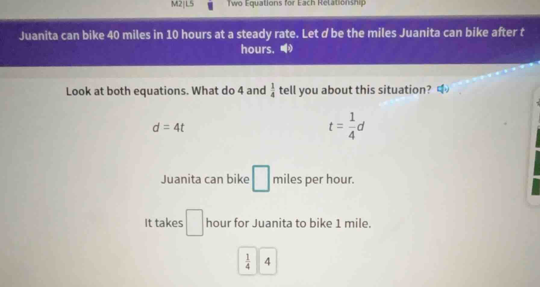 juanita can bike 40 miles in 10 hours at a steady rate. let d be the mi…