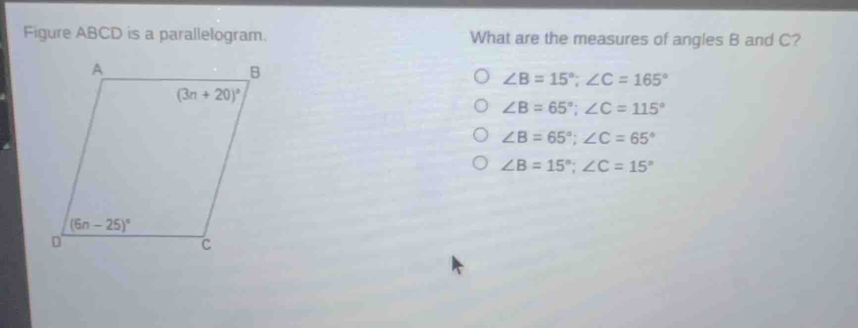 figure abcd is a parallelogram. what are the measures of angles b and c…