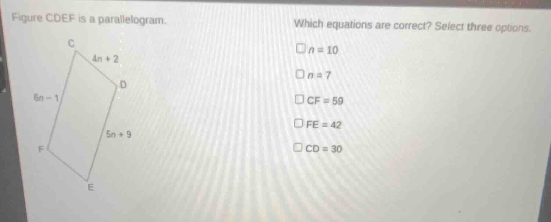 figure cdef is a parallelogram. which equations are correct? select thr…