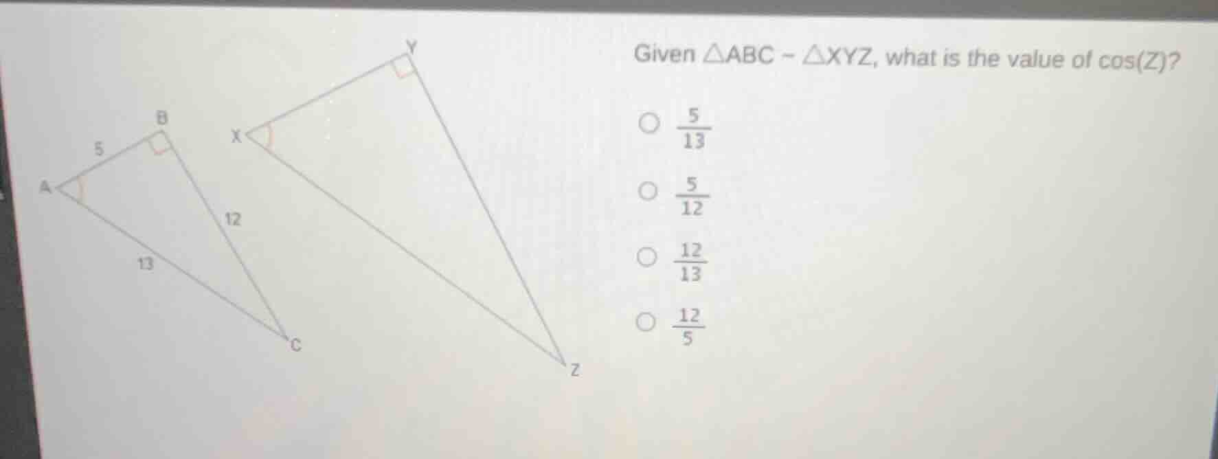 given $\\triangle abc \\sim \\triangle xyz$, what is the value of $\\co…