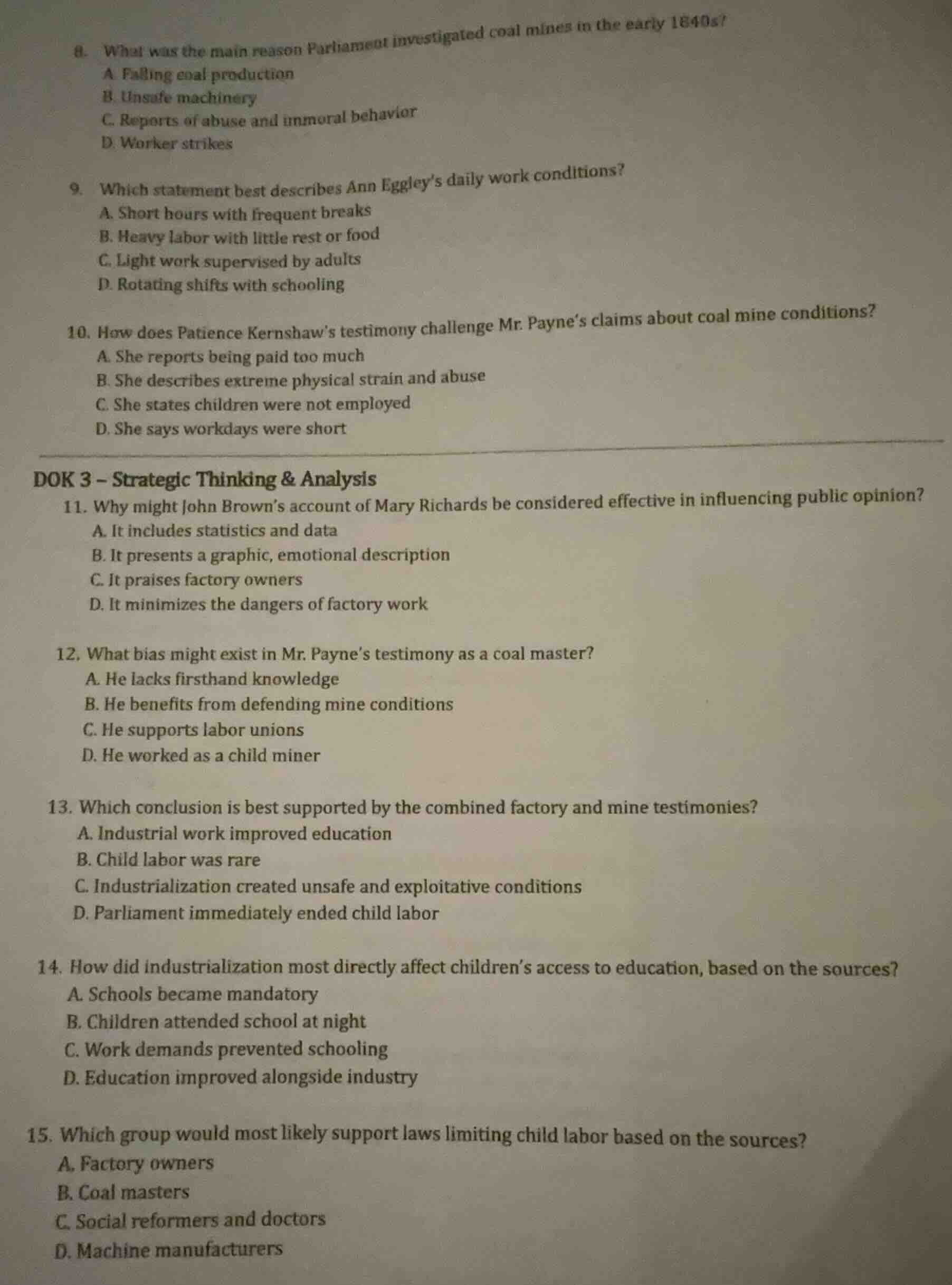 8. what was the main reason parliament investigated coal mines in the e…