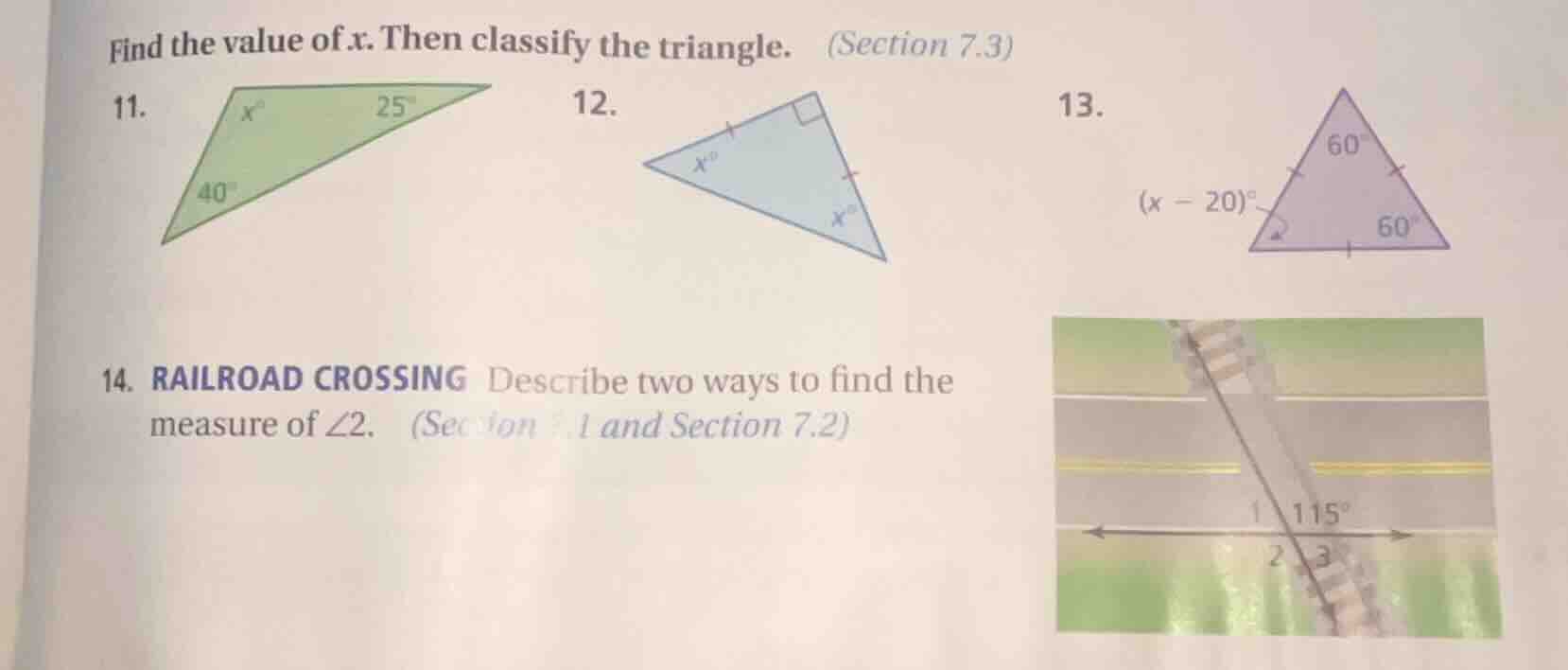 find the value of x. then classify the triangle. (section 7.3) 11. 12. …