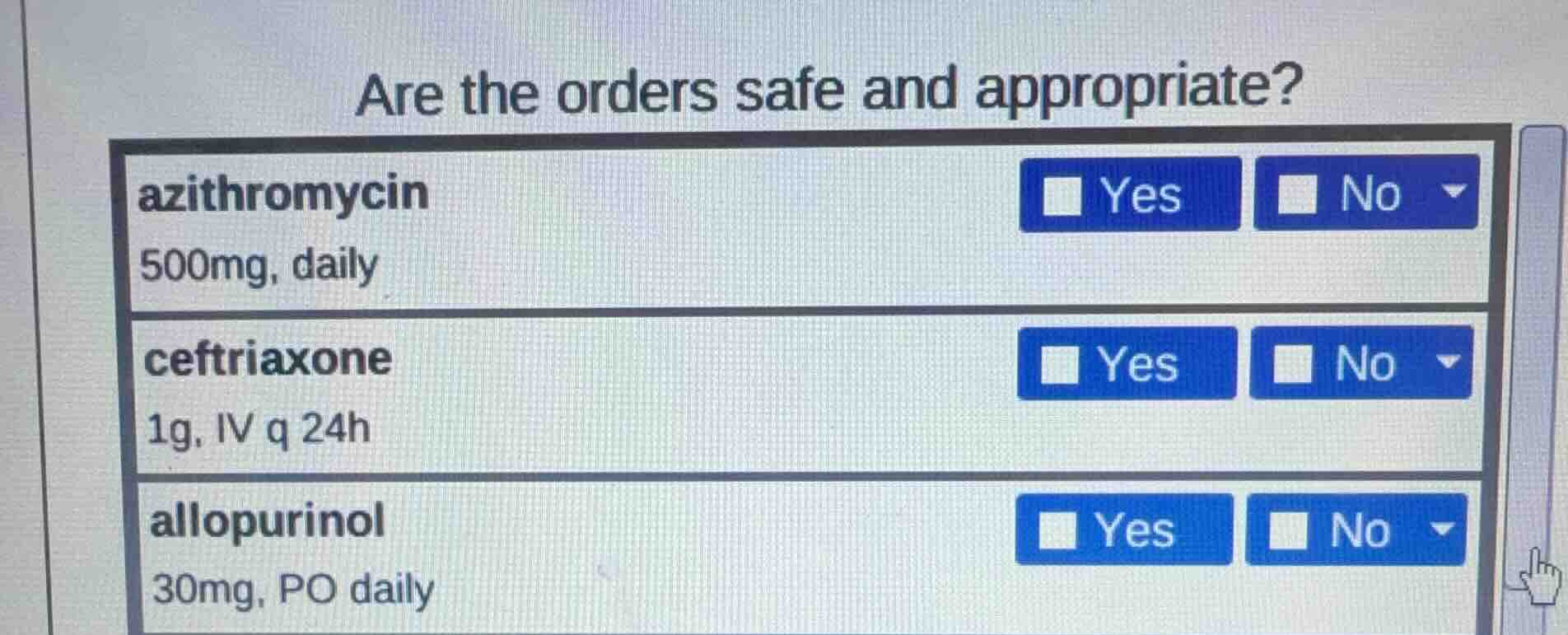 are the orders safe and appropriate? azithromycin 500mg, daily □ yes □ …
