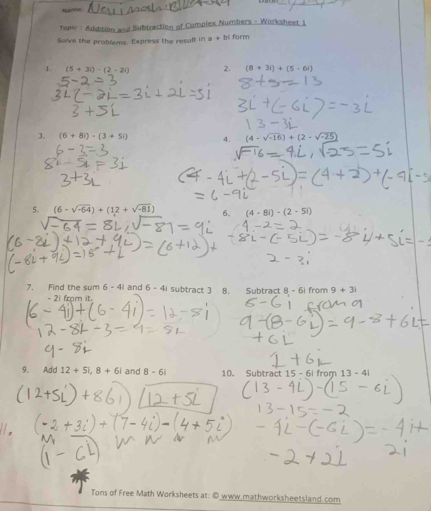 name: topic : addition and subtraction of complex numbers - worksheet 1…