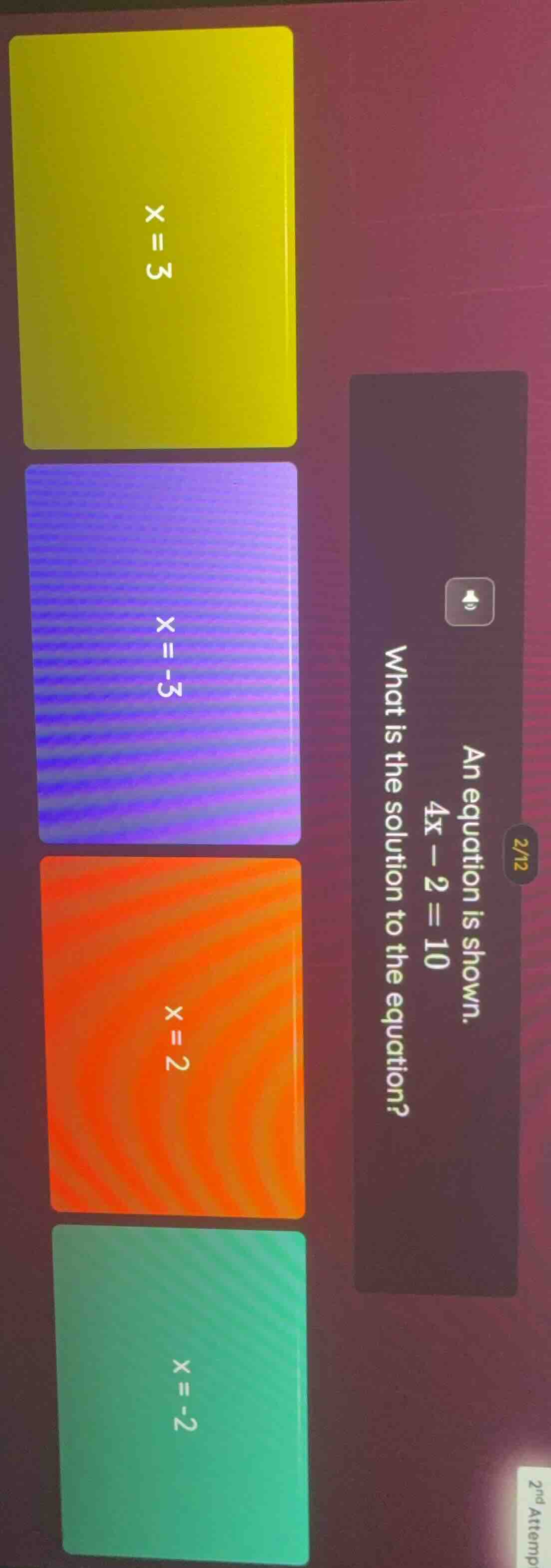 an equation is shown. $4x - 2 = 10$ what is the solution to the equatio…