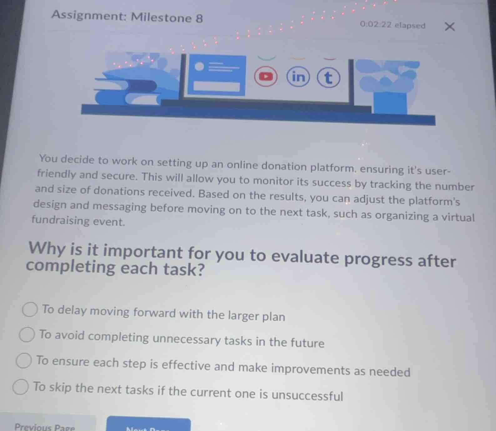 assignment: milestone 8 0:02:22 elapsed you decide to work on setting u…
