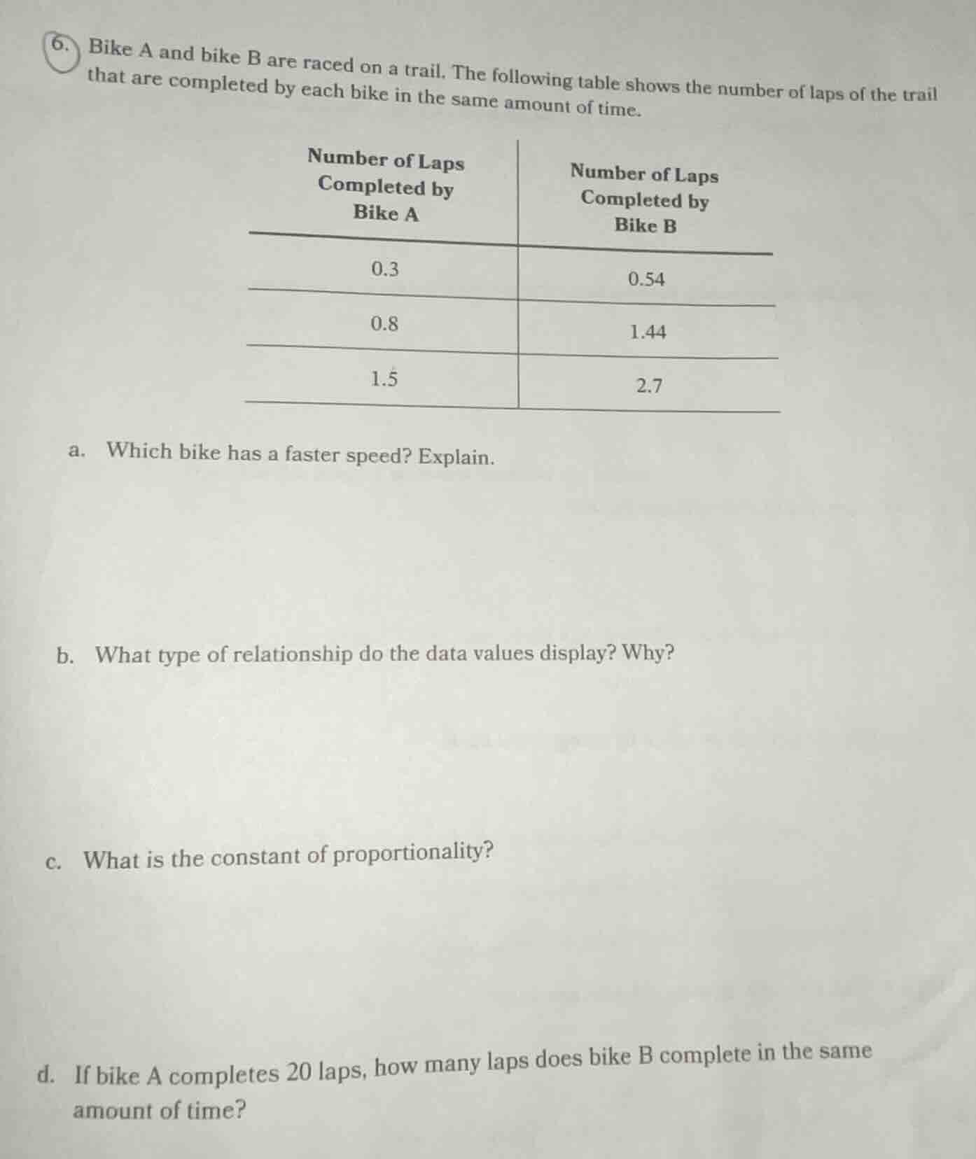 6. bike a and bike b are raced on a trail. the following table shows th…
