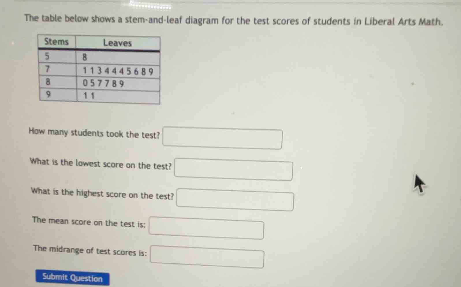 the table below shows a stem - and - leaf diagram for the test scores o…