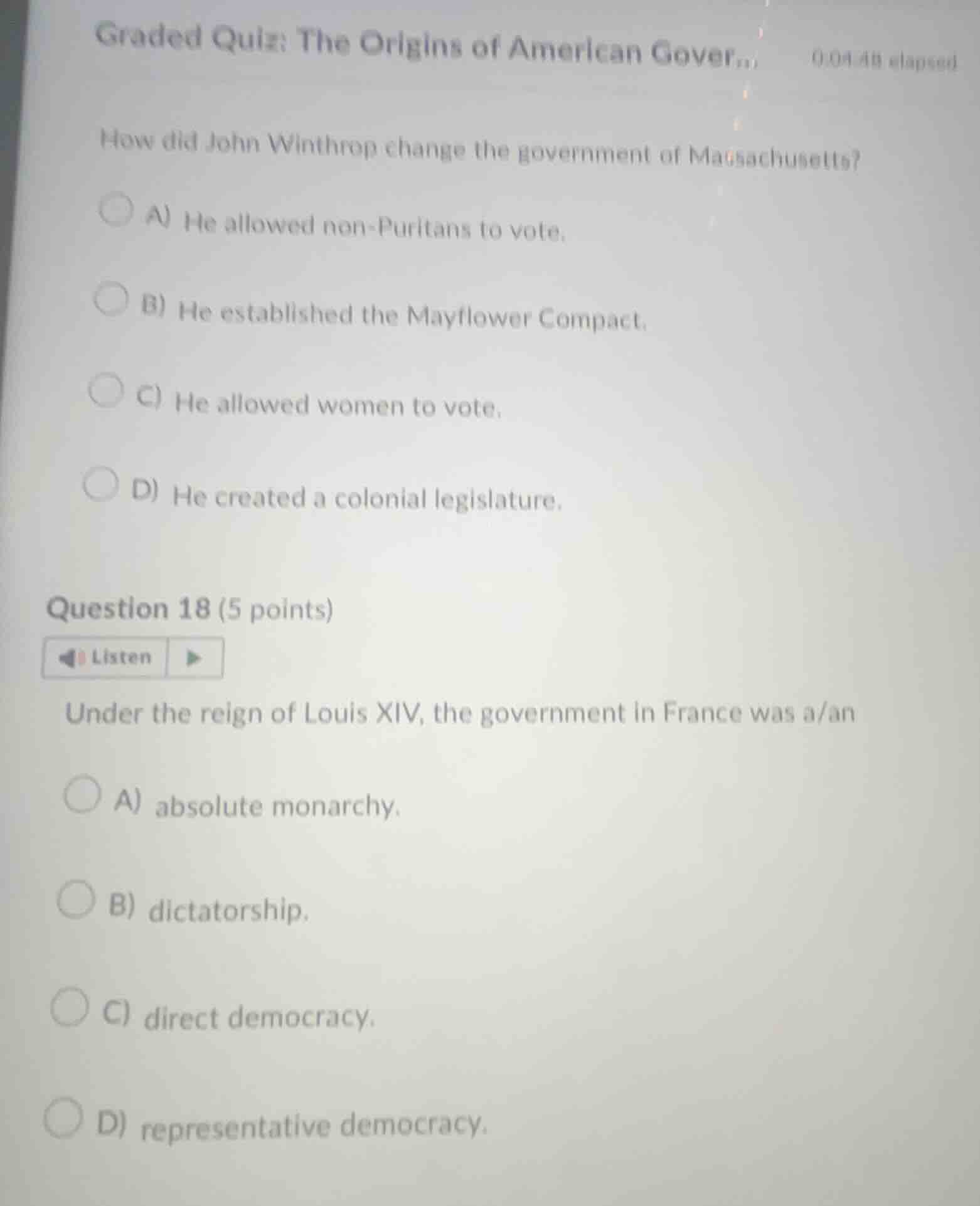 graded quiz: the origins of american govern how did john winthrop chang…