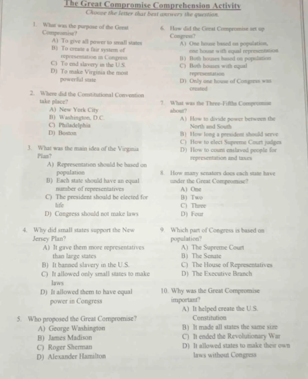 the great compromise comprehension activity choose the letter that best…