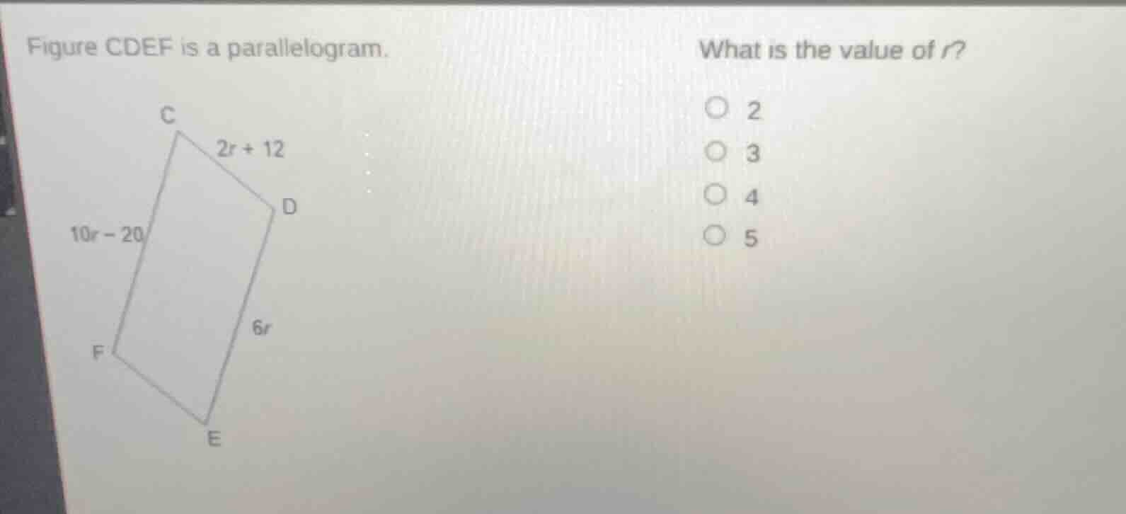 figure cdef is a parallelogram. what is the value of r? 2 3 4 5
