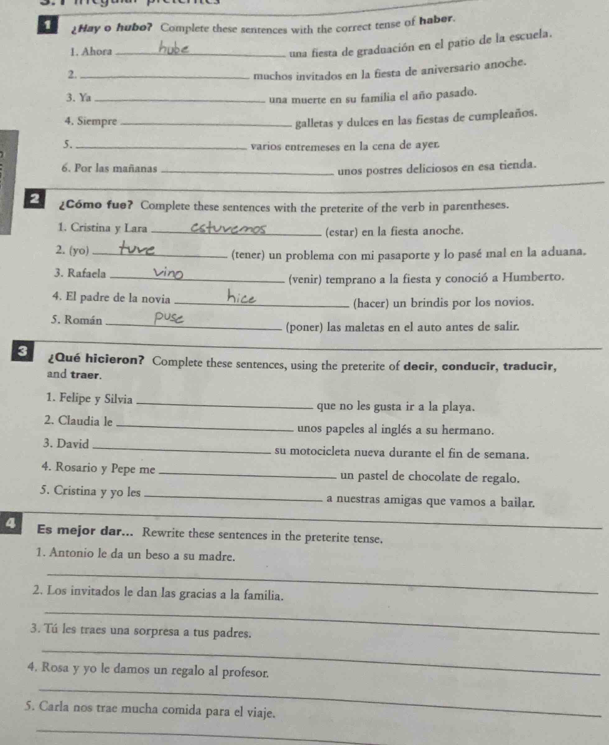 1 ¿hay o hubo? complete these sentences with the correct tense of haber…