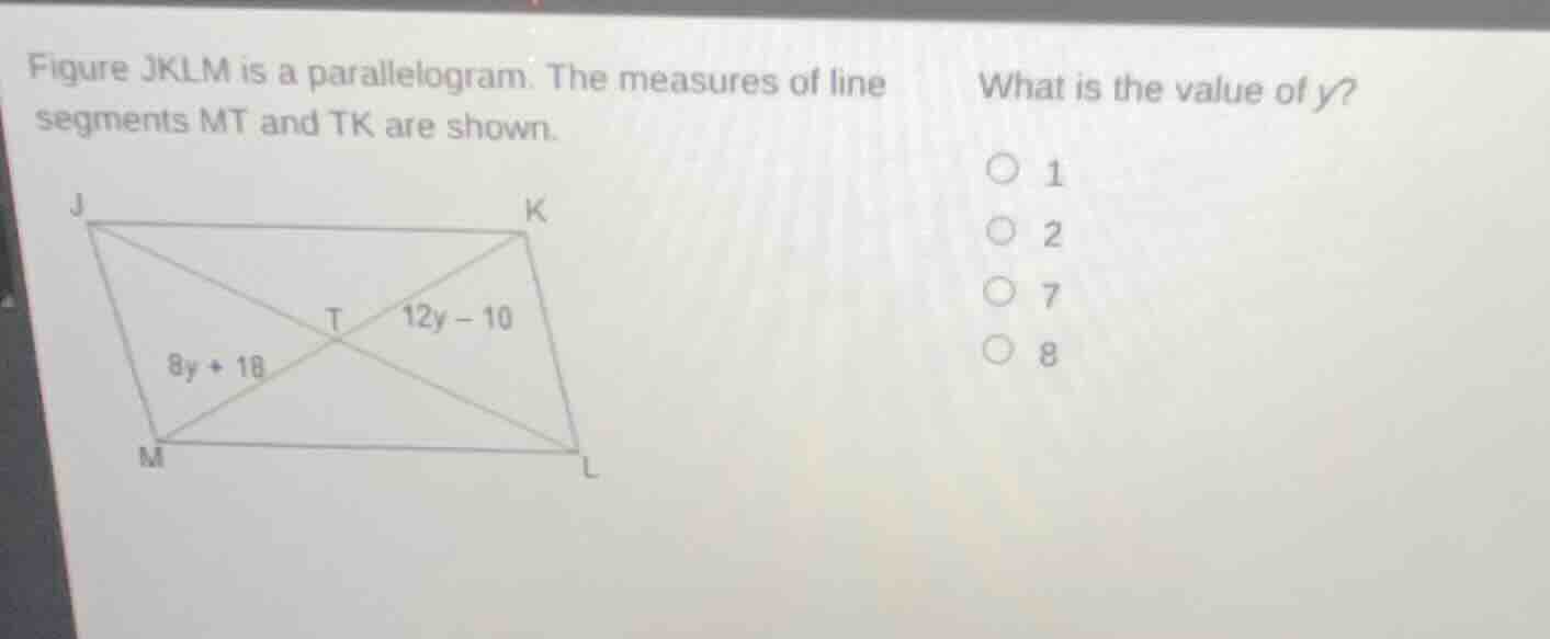 figure jklm is a parallelogram. the measures of line segments mt and tk…
