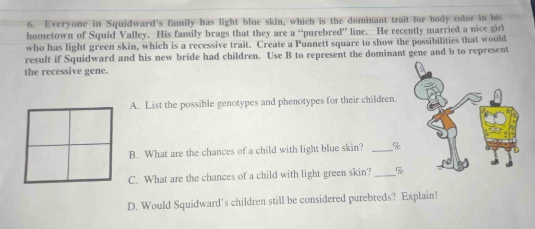 6. everyone in squidwards family has light blue skin, which is the domi…