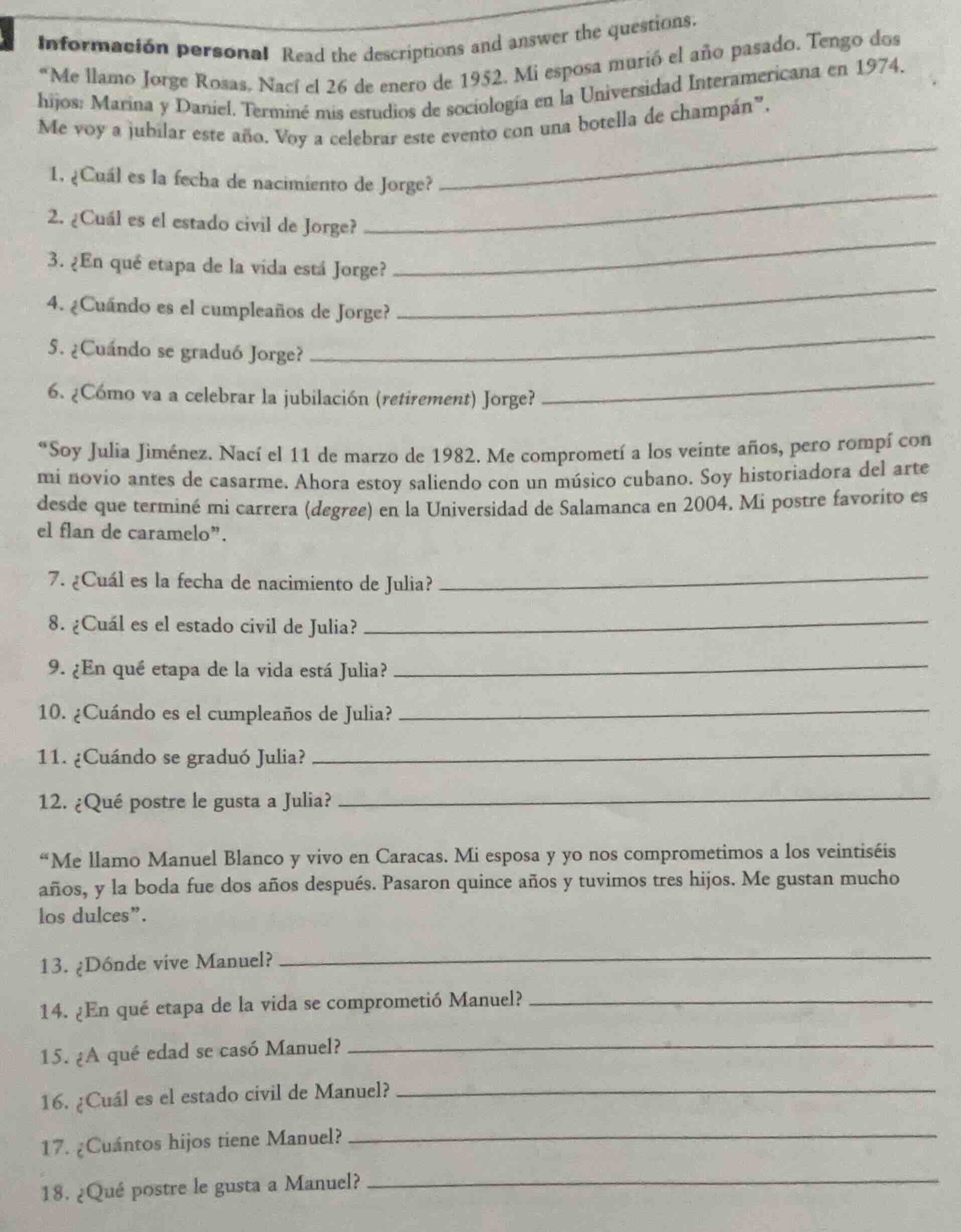 información personal read the descriptions and answer the questions. \m…