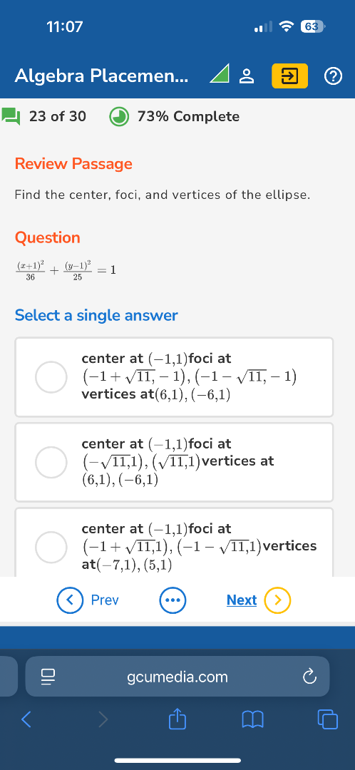 find the center, foci, and vertices of the ellipse. \\(\frac{(x + 1)^2}…