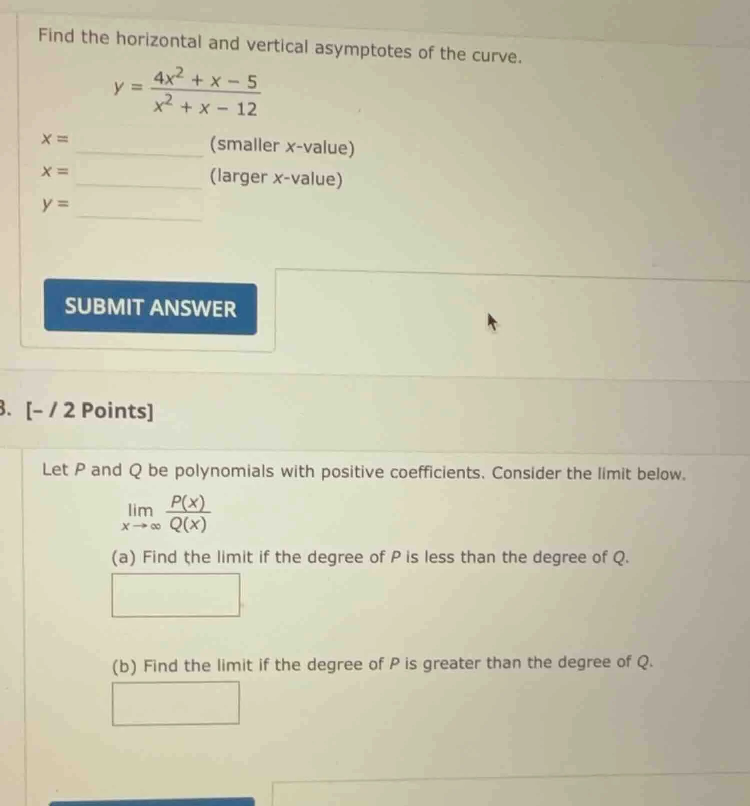 find the horizontal and vertical asymptotes of the curve. $y = \\frac{4…