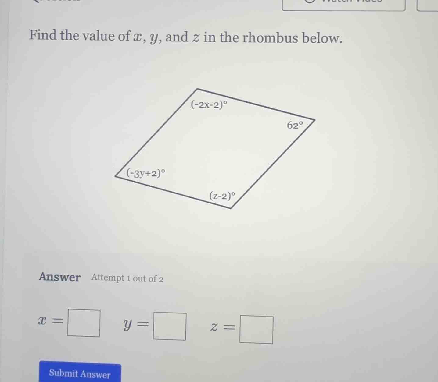 find the value of ( x ), ( y ), and ( z ) in the rhombus below. answer …