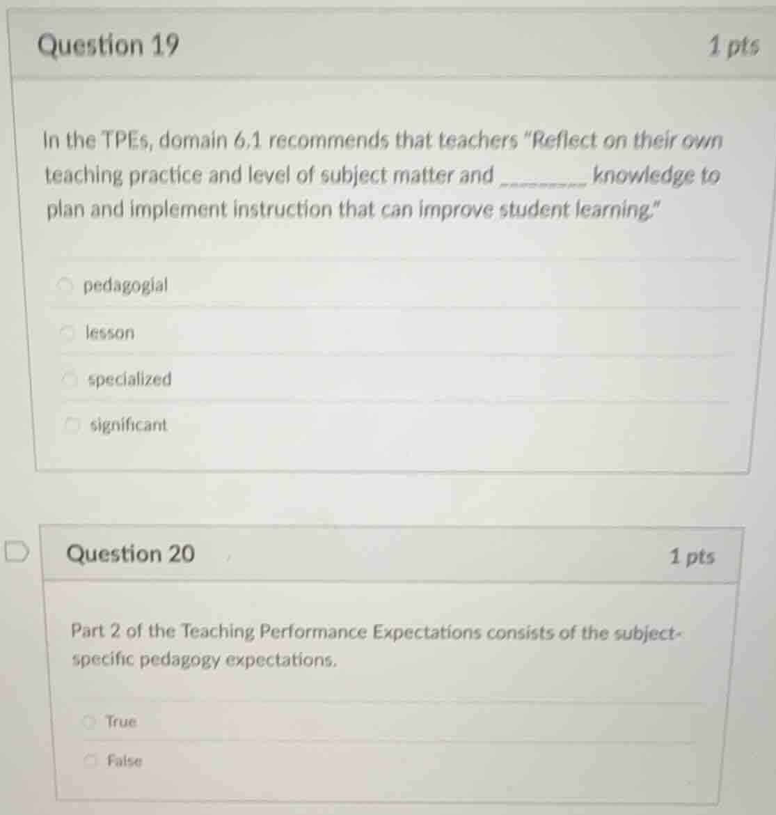 question 19 1 pts in the tpes, domain 6.1 recommends that teachers efle…