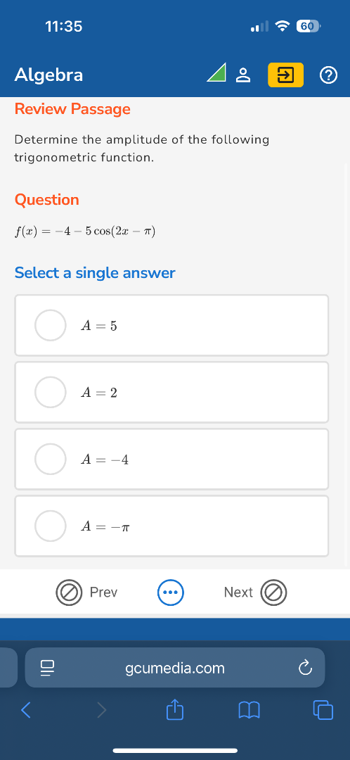 algebra review passage determine the amplitude of the following trigono…