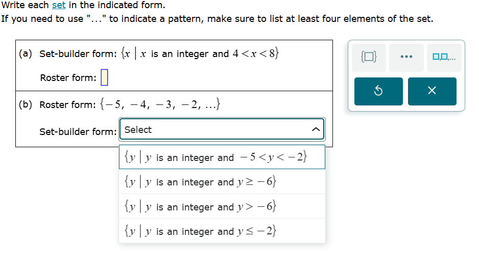 write each set in the indicated form. if you need to use \...\ to indic…