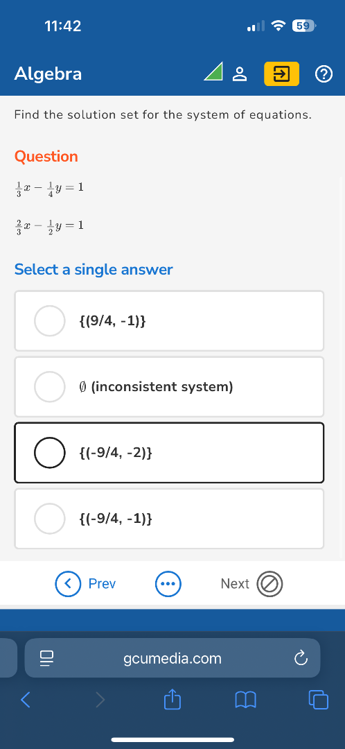 find the solution set for the system of equations. question \\(\frac{1}…