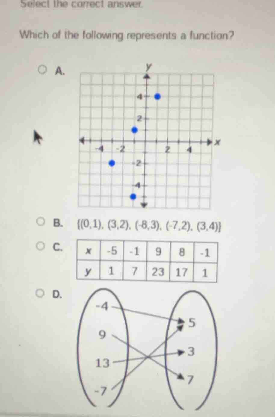 select the correct answer. which of the following represents a function…