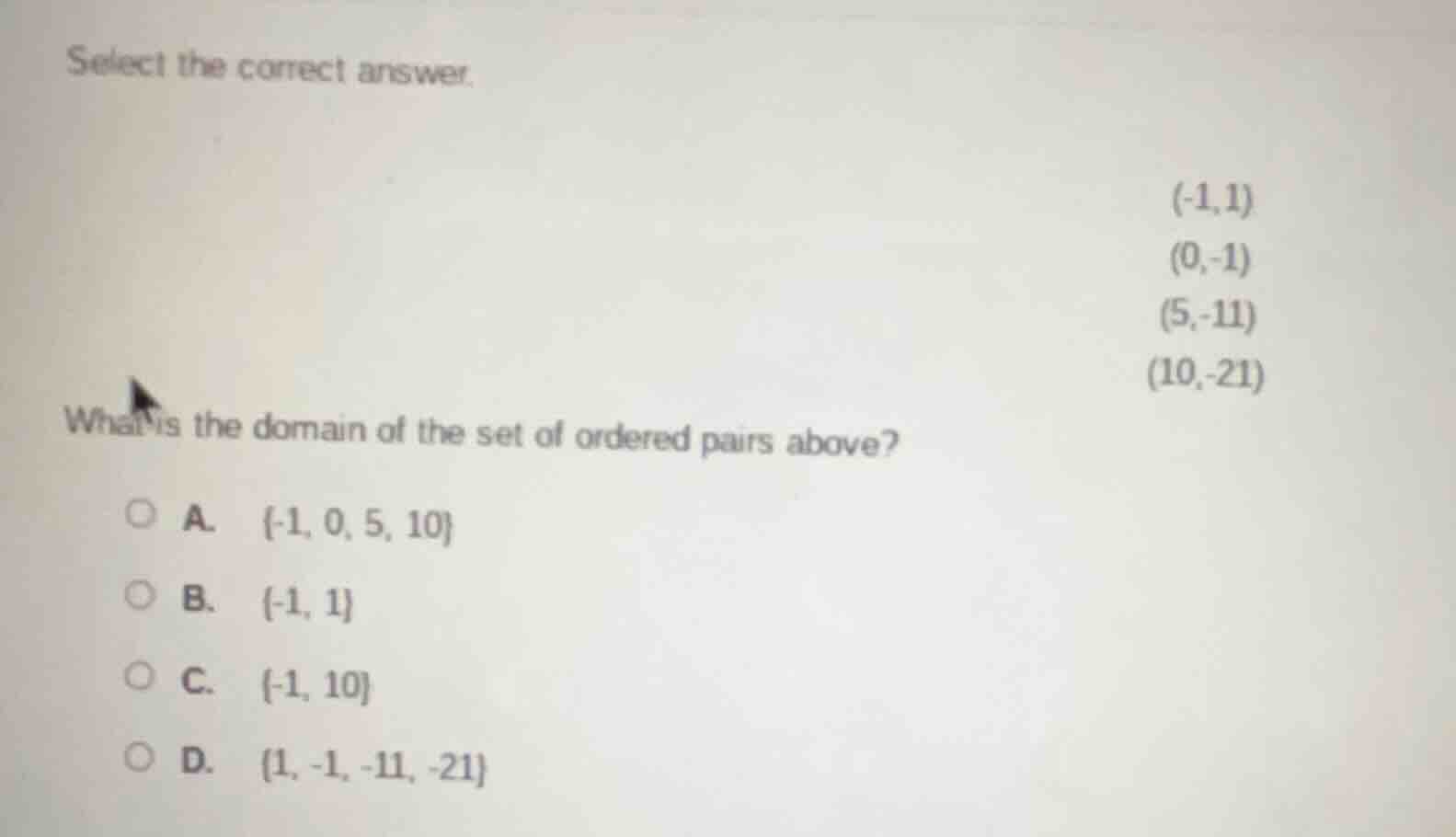 select the correct answer. (-1,1) (0,-1) (5,-11) (10,-21) what is the d…