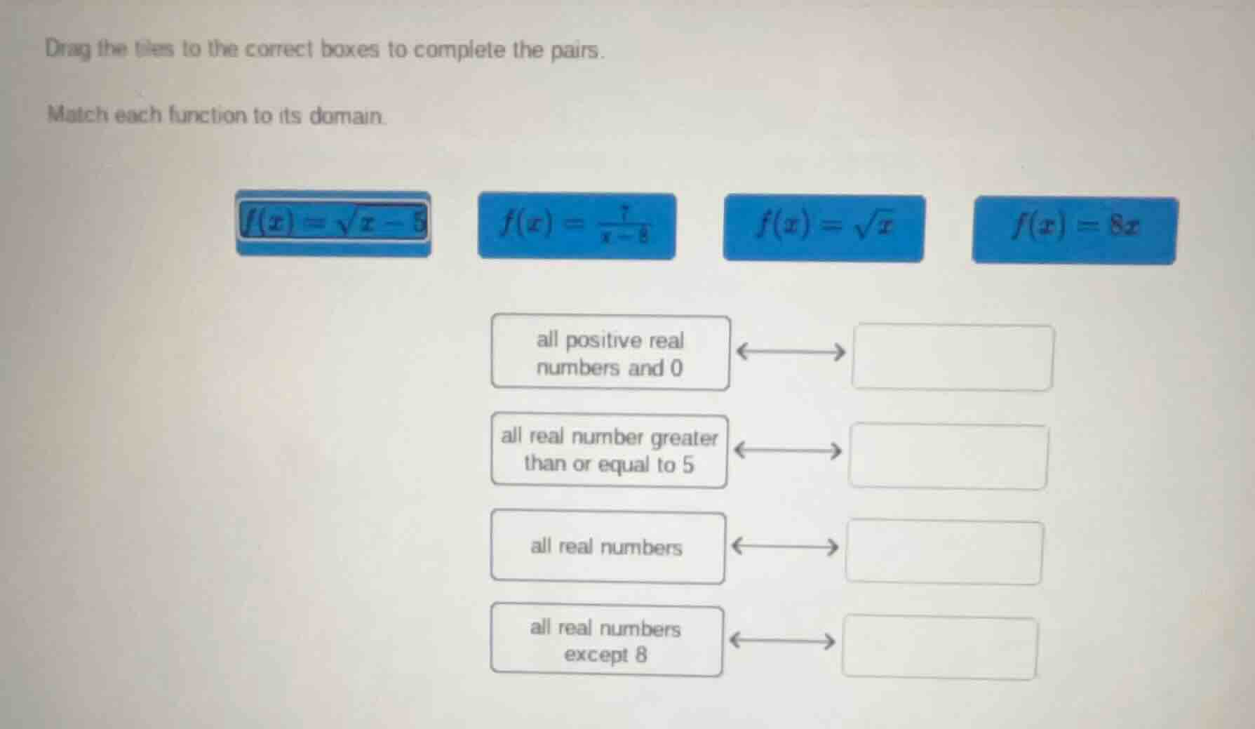 drag the tiles to the correct boxes to complete the pairs. match each f…