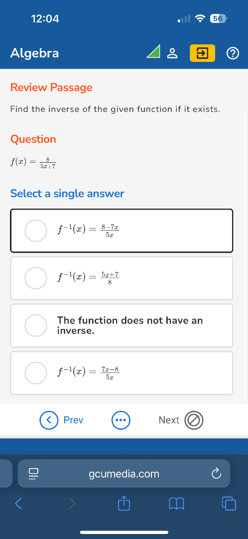 algebra review passage find the inverse of the given function if it exi…